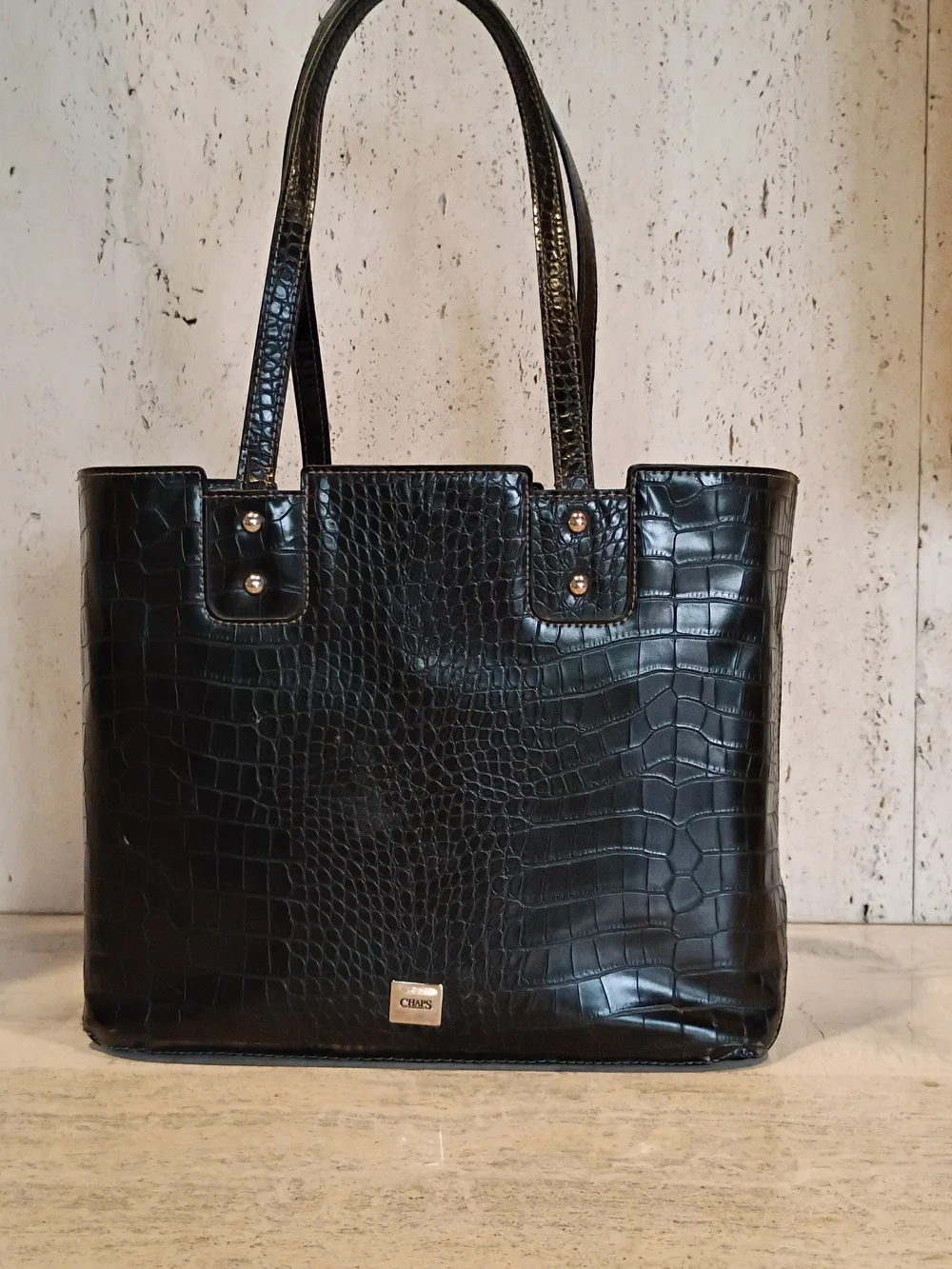 Chaps Black Croc-Embossed Tote with Matching Wristlet